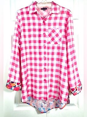 Shana Pink Gingham Floral Mixed Print Button Down Shirt Size S